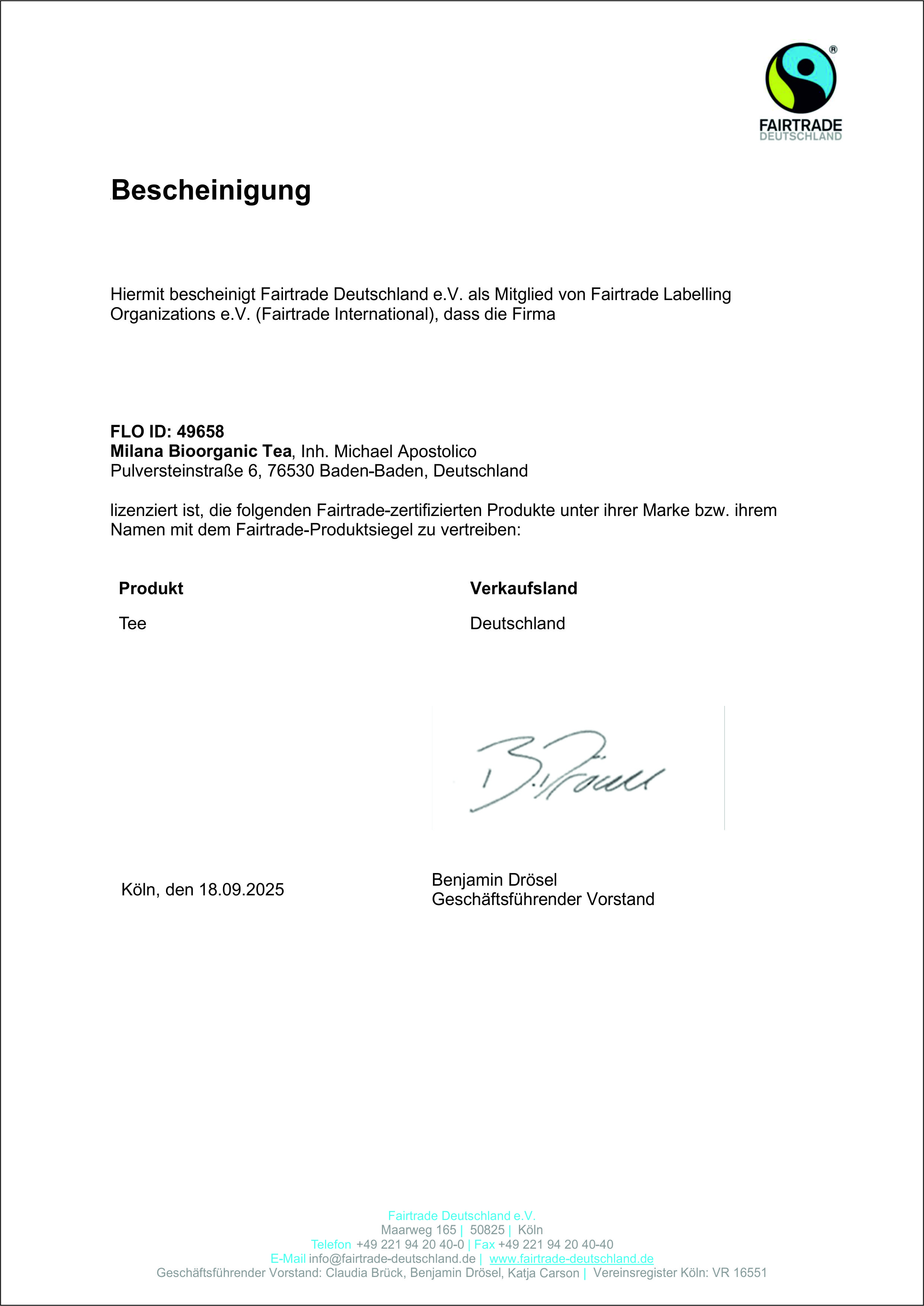 FAIRTRADE Lizenz-Bescheinigung für MILANA - BIOORGANIC -TEA